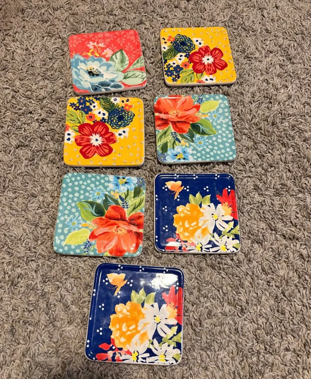 Set of 7 Floral Ceramic Cork Back Coasters w/ Pioneer Woman Wooden Holder